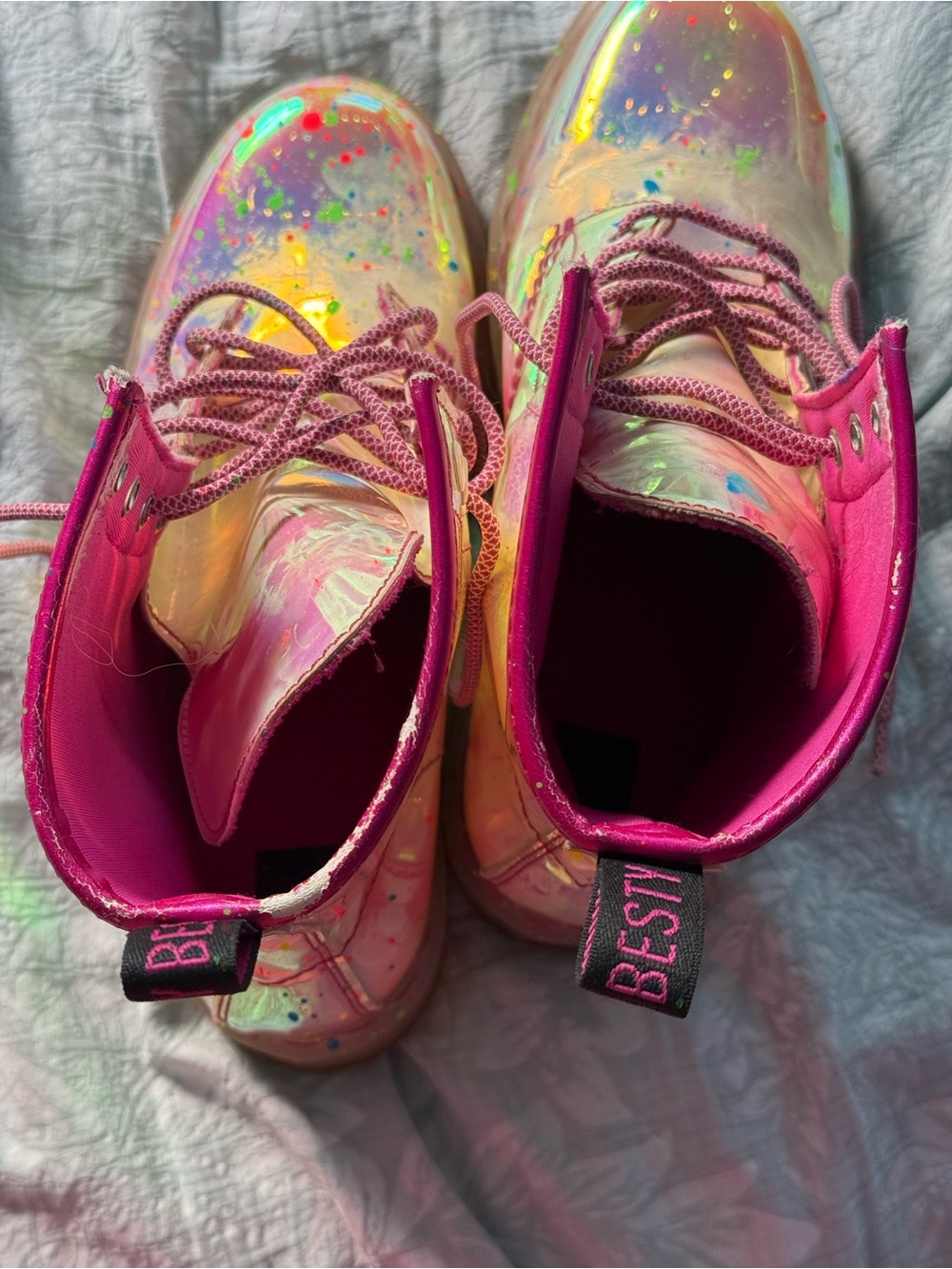 Festy Besty Holographic Pink Combat Festival Boots Rainbow Paint Splatter Size 9 - Picture 3 of 7